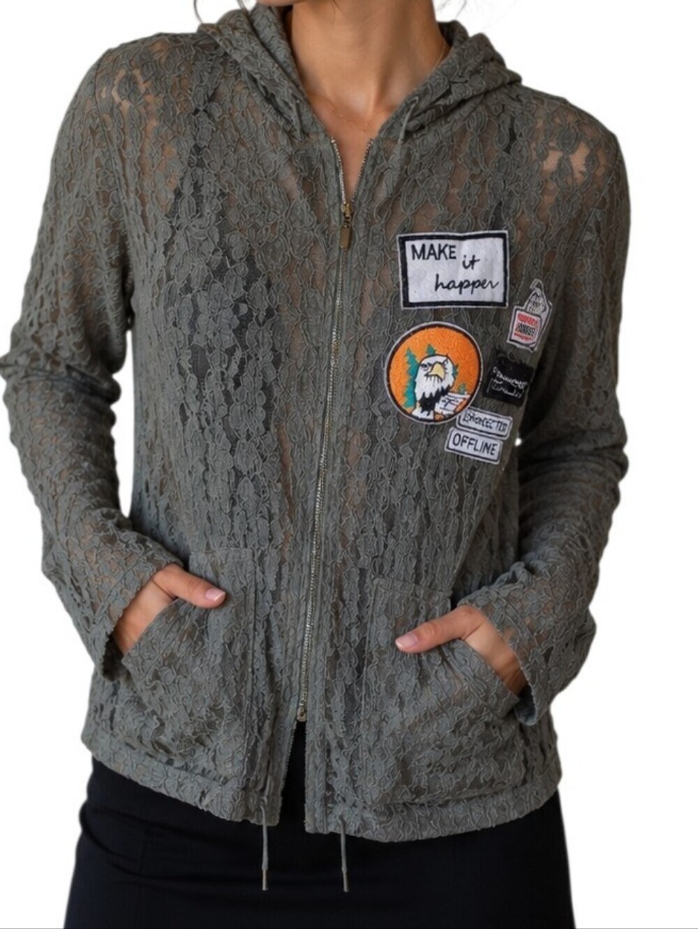 Tuart Lace Mesh Hooded Jacket Women Medium Green Sheer Whimsigoth